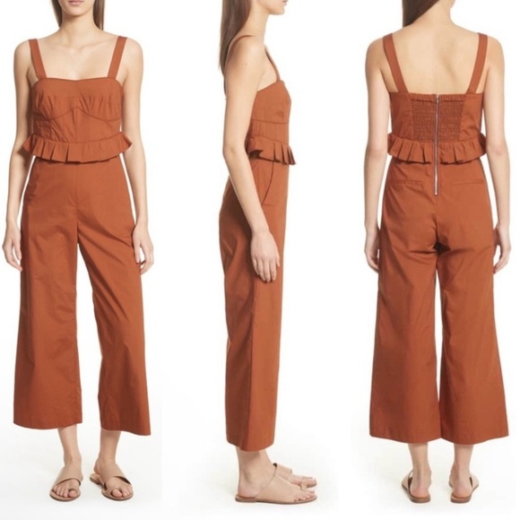 Sea New York Leia Ruffle Peplum Waist Wide Leg Crop Jumpsuit Rust 10 - Picture 2 of 15